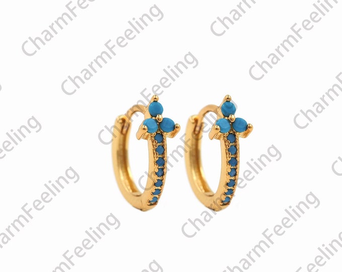 1 Pair,Turquoise Earrings, Micropaved CZ Gold Earrings,18K Gold Filled Round Earrings, Hollow Earrings,DIY Earring Accessories,11.5x12x1.5mm