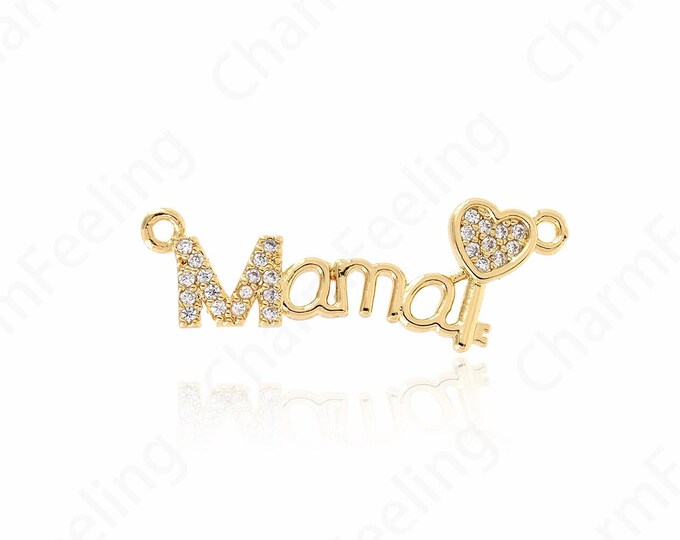 Mama Pendant, Heart Necklace, MicroPave CZ Mother Charm, Gift For Mother, Filled Gold Heart Charm 30.5x11x2mm