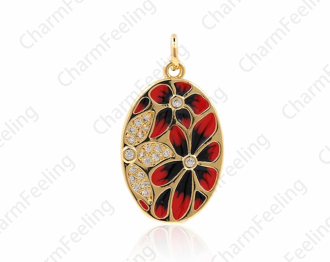 18K Gold Filled Enamel Flower Pendant, Micropavé CZ Enamel Flower Necklace, Enamel Charm, DIY Jewelry Accessories, 25.5x14x1.8mm