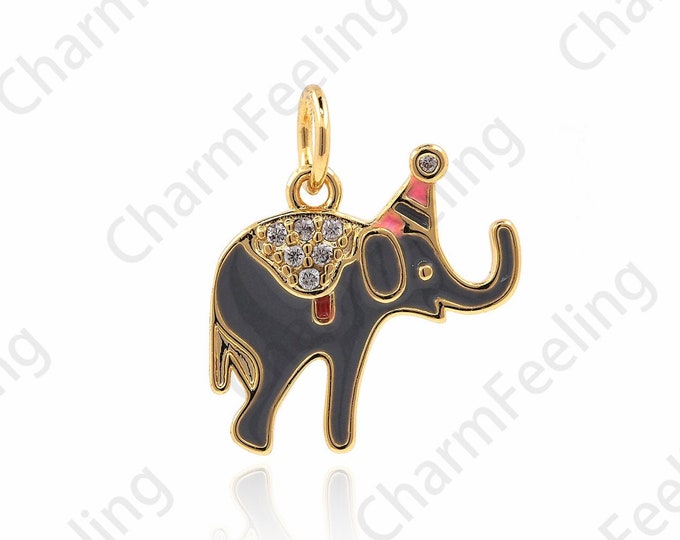 Micropavé CZ Elephant Pendant, 18K Gold Filled Elephant Necklace, Elephant Charm, Enamel Elephant Pendant, Enamel Charm, 16x14x1.5mm