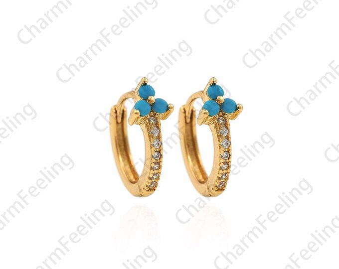 1 Pair, Micropavé CZ Gold Earrings, 18K Gold Filled Round Earrings, Turquoise Earrings, Hollow Earrings, DIY Earring Accessories, 11x12mm