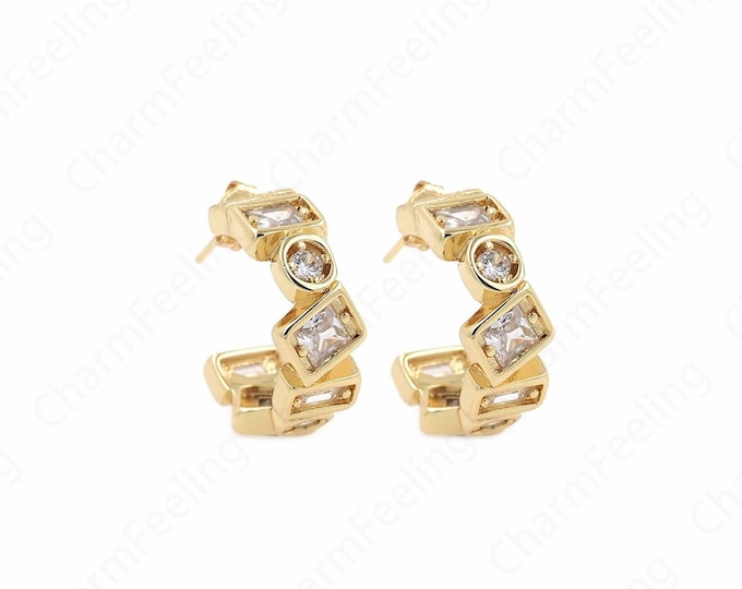 Curved Earrings,Micropavé CZ Exquisite Earrings, 18K Gold Filled Rectangular Rhinestone Earrings,Moon Earrings, Square Earrings, 21x24x7.5mm