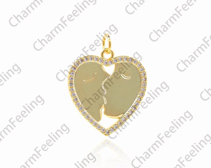18K Gold Filled Heart Necklace, Micropavé CZ Love Kiss Pendant, Love Charm, Lucky Necklace, DIY Jewelry Accessories, 24x19x1.5mm