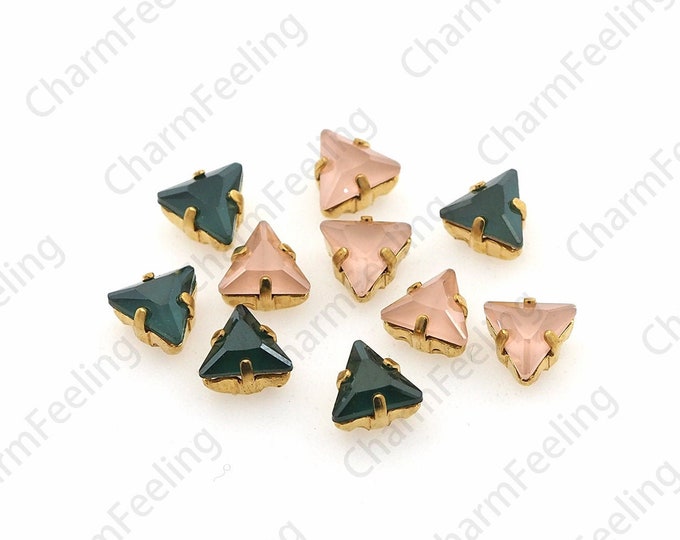 10pcs, Triangle Stitched Crystal, Flat Rhinestones With Golden Claws, Crystal AB, Multi-Color Optional, DIY Clothing Production 6x6mm