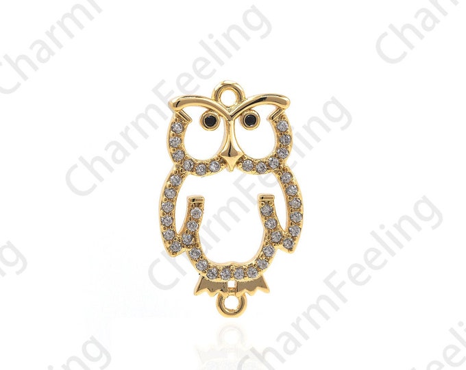 18K Gold Filled Owl Necklace, Owl Pendant, Owl Pendant, Line Owl Pendant, Micropavé CZ Owl Pendant, 22x13x2mm
