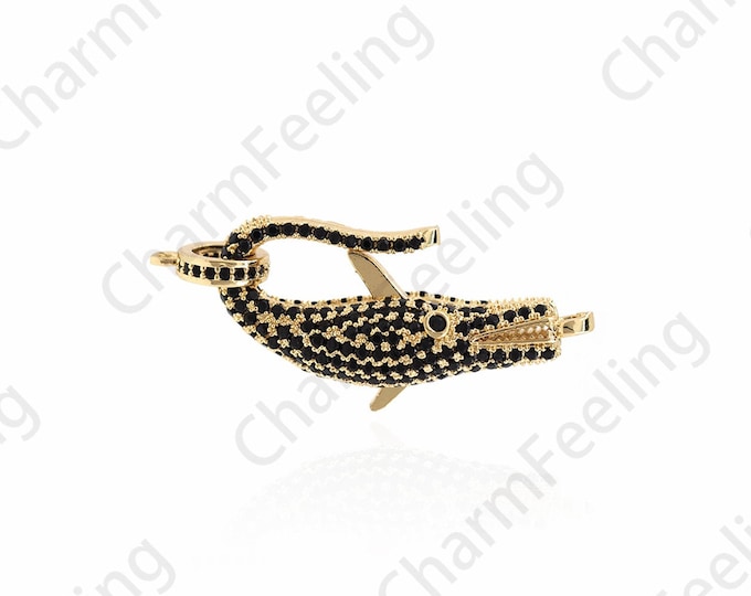 18K Gold Filled Whale Buckle, Hand Buckle, Door Knocker, Gold Spring Buckle, Carabiner, Micropavé CZ Link Buckle, Whale Charm 36x16x9mm