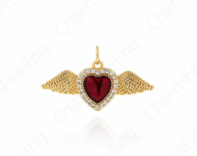 MicroPave CZ Heart Necklace, Wings Heart Pendant, Heart-Shaped Charm, DIY Jewelry Making Supplies 16.5x30.5x3.3mm