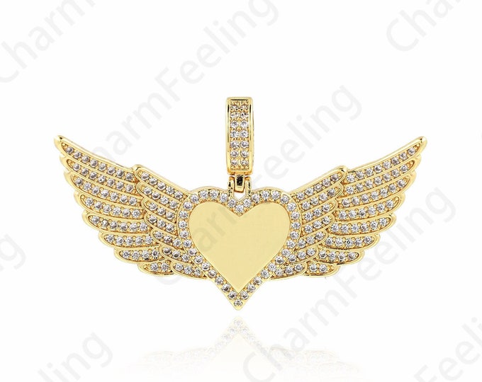 Micropavé CZ Angel Heart Pendant, Heart Necklace, Heart Charm, Angel Charm, Love Necklace, DIY Jewelry Making Accessories 27x46x3mm