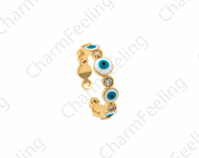 Thin Eye Charm Ring，18K Gold Filled Enamel Adjustable Ring, Micropavé CZ Eye Ring, Gold Open Ring, ,Enamel Charm