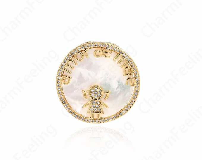 Micropavé CZ Kids Charm,Girls Pendant, Round Shell Charm,18K Gold Filled Girls Charm, DIY Jewelry Supplies, 26.5x26.5x4mm