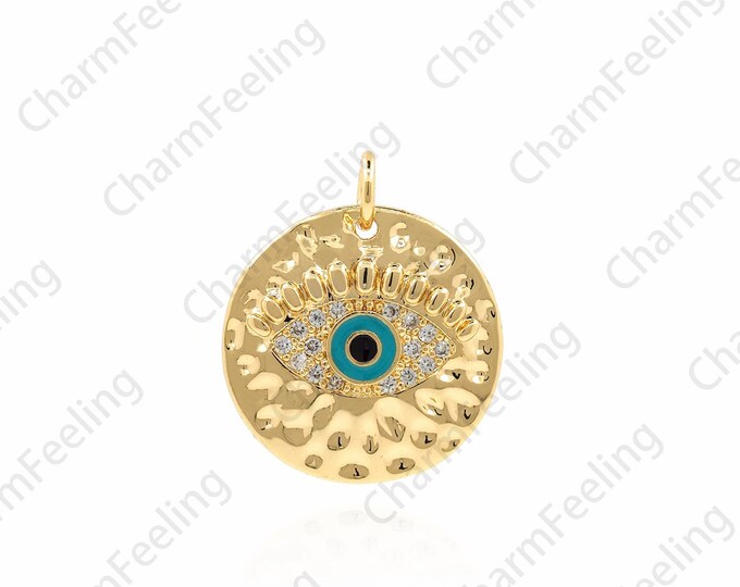 Micropavé CZ Enamel Eyes, 18K Gold Filled Round Eye Pendant, Eye Pendant, DIY Jewelry Accessories, 21x18x2.3mm