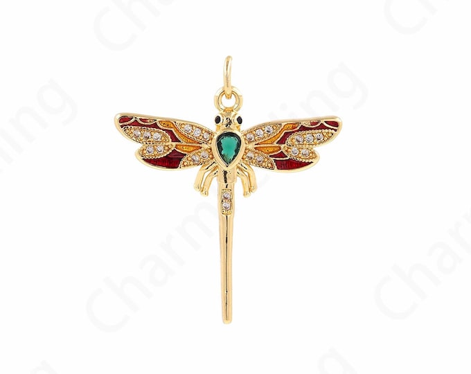 Insect Charm, Flying Charm, 18K Gold Filled Wings Necklace, Micropavé CZ Dragonfly Pendant, DIY Jewelry Making Supplies,21.4x27.6x3.5mm