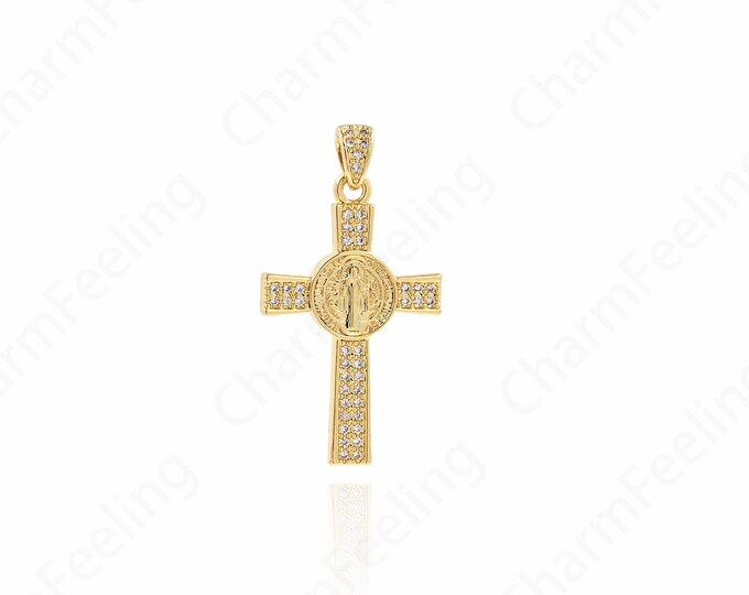 Christian Pendant, Micropavé CZ Religious Charm, Cross Necklace, 18K Gold Filled Cross Charm, DIY Jewelry Supplies, 32x17x2mm