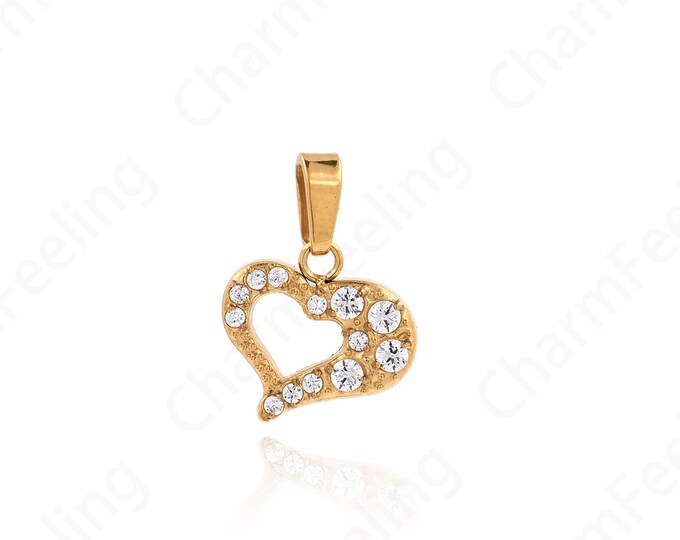 18K Gold Filled Heart Pendant, Love Necklace, Micropavé CZ Heart Necklace,Dainty Heart Charm, DIY Jewelry Accessories 15.5x11x2mm