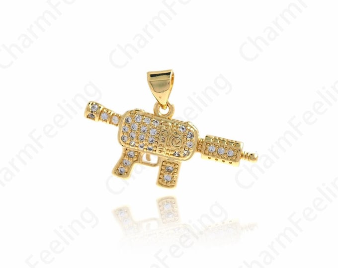 Rifle Charm Heavy 18K Gold Filled Gun Charm,Micropavé CZ Gun Pendant, Weapon Charm,DIY Jewelry Supplies,28x18.3x3.5mm