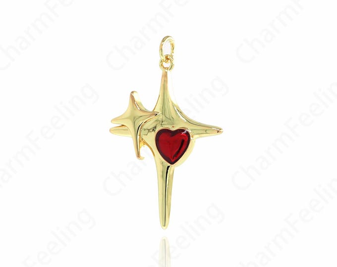 18K Gold Filled Star Necklace,Big Star Charm, Polaris Charm,Heart Starburst Charm, DIY Jewelry Accessories,34.5x22x3.4mm