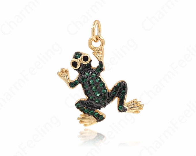 Frog Pendant, 18K Gold Filled Animal Charm, Micro Pave CZ Frog Charm, DIY Jewelry Supplies, 24x16.5x3.8mm