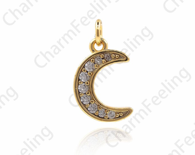 Gold Crescent Pendant, Moon Charm, CZ Micropavé Moon Pendant, DIY Jewelry Making Accessories 15.5x9x2.5mm