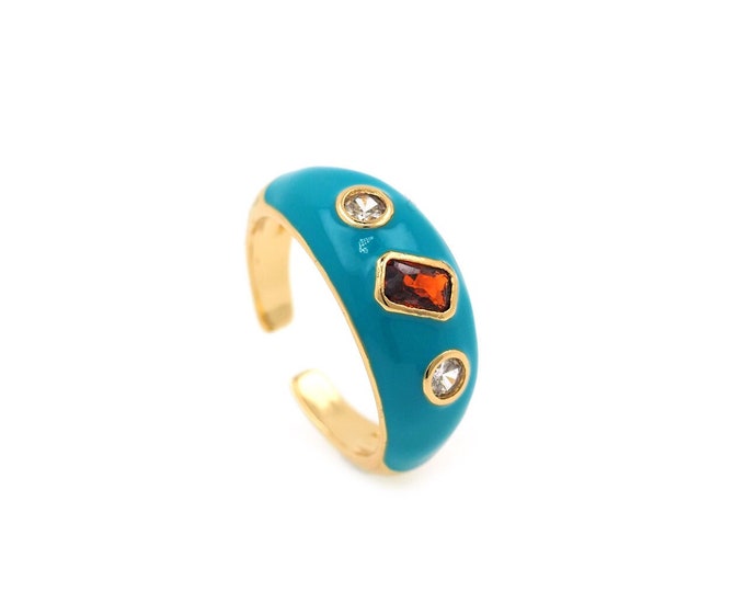 Gold Open Ring, Colorful Enamel Ring, 18K Gold Filled Enamel Ring, Micropavé CZ Jewelry, Enamel Jewelry, Adjustable Ring