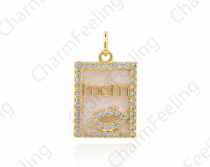 18K Gold Filled Rectangular Pendant, Letter Mam Necklace, Micropave CZ Mother Necklace, Enamel Geometric Pendant, Enamel Charm, 21x12x1.8mm