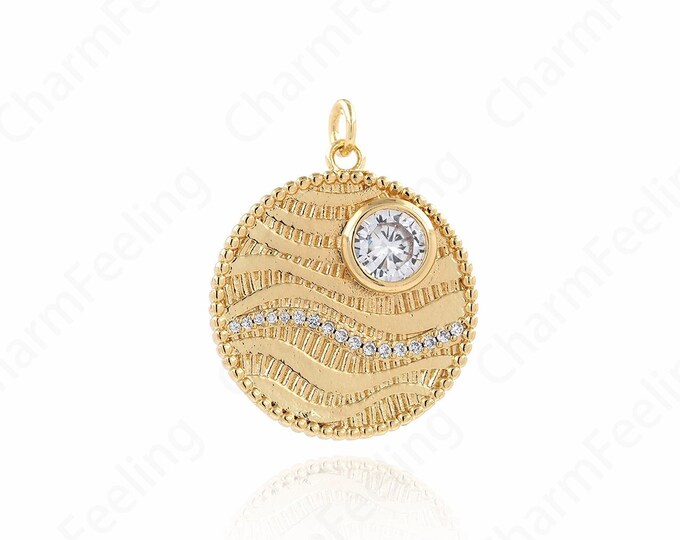 18K Gold Filled Coin Necklace, Round Pendant, Micropavé CZ Round Charm, Coin Charms, DIY Jewelry Supplies, 29x24x4.5mm
