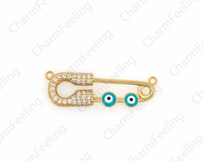 Micro-Pavé CZ Safety Pin Connector, 18K Gold Filling Strap Connector, Safety Pin Charm, DIY Jewelry Accessories, 9x28x2mm