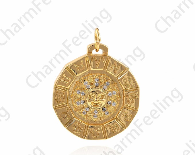 18K Gold Filled Sunshine Necklace, Sun Charm, Micropavé CZ Sun Pendant, Coin Pendant, DIY Jewelry Accessories 28x22x3mm