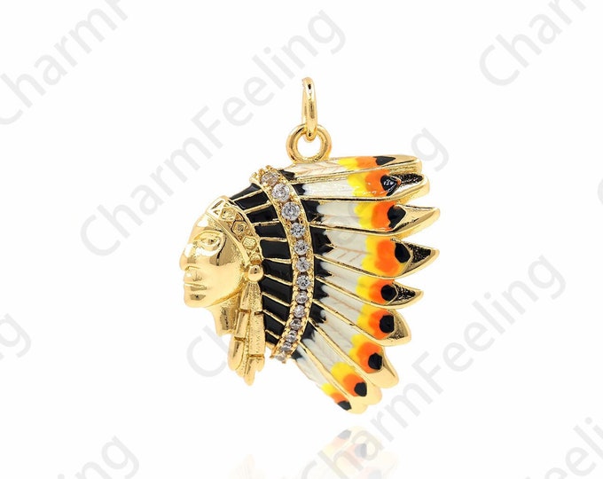 Indian Pendant, Head Charm, Micropavé CZ Indian Charm, 18K Gold Filling Custom Charm, DIY Jewelry Making Supplies, 26x20x2.5mm