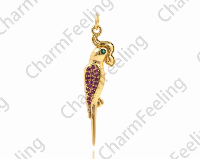 18K Gold Filled Parrot Pendant, Micropavé CZ Bird Necklace, Animal Pendant, Parrot Charm, DIY Jewelry Accessories 39x9x4 mm