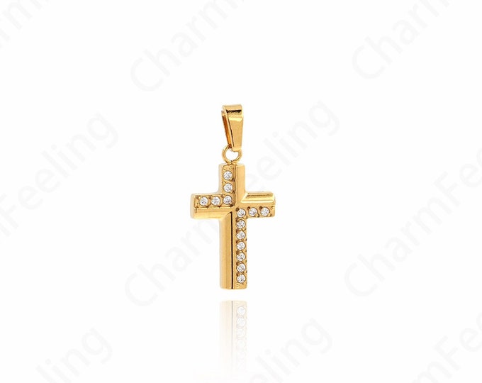 Christian Charm, Cross Necklace, Micropavé CZ Cross Pendant, Religious Charm,DIY Jewelry Making Accessories 22x10x2mm