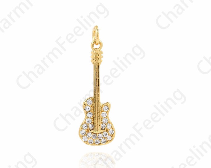 18K Gold Filled Guitar Necklace,Micropavé CZ Guitar Pendant,Guitar Charm,Instrument Charm,Instrument Charm,DIY Jewelry Supplies,31x9.5x1.9mm