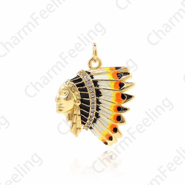 Indian Pendant, Head Charm, Micropavé CZ Indian Charm, 18K Gold Filling Custom Charm, DIY Jewelry Making Supplies, 26x20x2.5mm