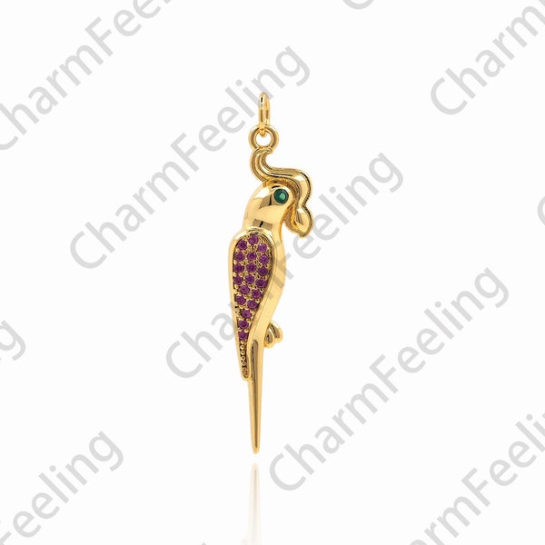 18K Gold Filled Parrot Pendant, Micropavé CZ Bird Necklace, Animal Pendant, Parrot Charm, DIY Jewelry Accessories 39x9x4 mm