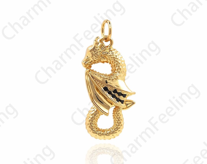 Micro-Pave Dragon Pendant, Cubic Dragon Charm, 18K Gold Filled Dragon Jewelry, DIY Jewelry Making Accessories 27x11.5x6.5mm 1pcs