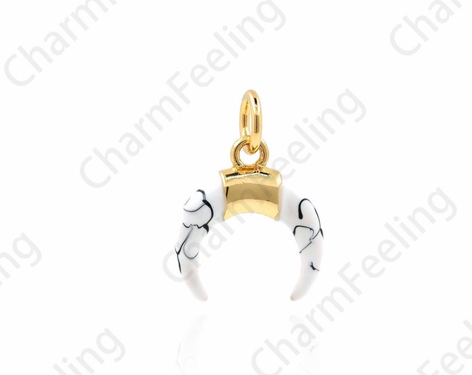 White Enamel Double Horn Pendant, 18K Gold Filled Crescent Pendant, Horn Pendant,Enamel Horn Necklace,Enamel Pendant,Horn Pendant, 16x12x3mm