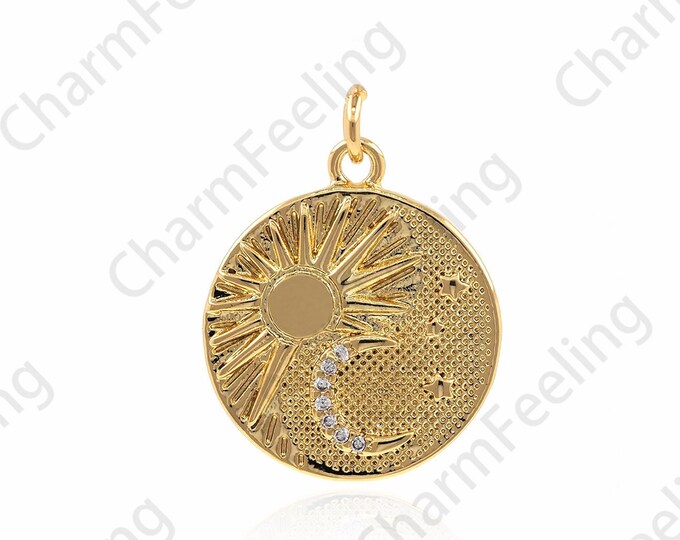 Micropavé CZ Moon Pendant, 18K Gold Filled Round Coin Pendant, Crescent Necklace, Astral Charm, DIY Jewelry Accessories, 18x13x2mm