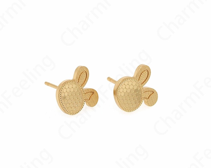 18K Gold Filled Cute Earrings, Rabbit Stud Earrings, Micropavé CZ Rabbit Charm, Animal Earrings, DIY Jewelry Supplies, 10.5x10.5x1.2mm