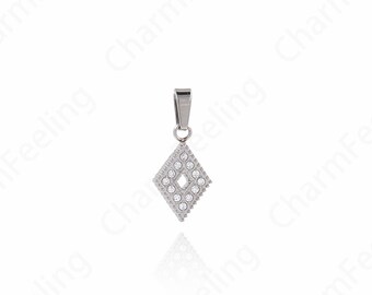 Rhombic Pendant,  Silver Filled Rhombic Charm, Micropavé CZ White Gold Jewelry, DIY Jewelry Supplies, 17x8x1.7mm