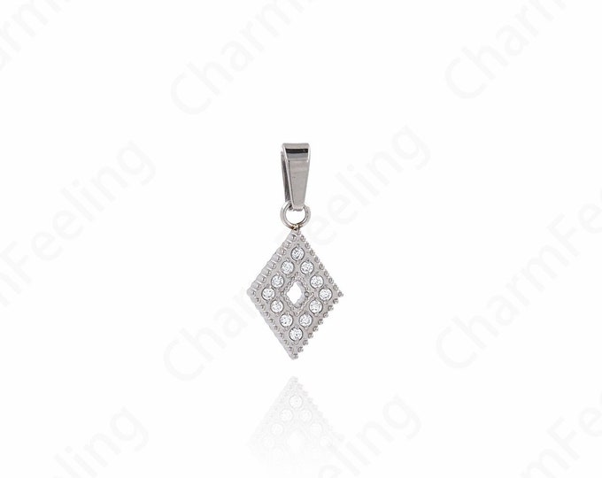 Rhombic Pendant,  Silver Filled Rhombic Charm, Micropavé CZ White Gold Jewelry, DIY Jewelry Supplies, 17x8x1.7mm
