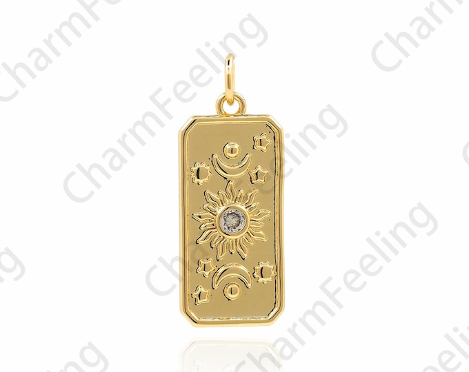 Micropavé CZ Rectangular Pendant, Universe Necklace, 18K Gold Filled Medal Pendant, Sun Pendant, DIY Jewelry Accessories 26x10x1.8mm