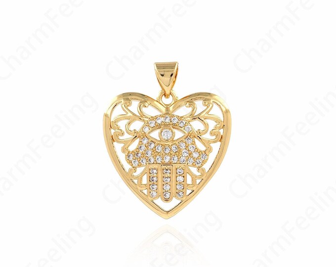 Hand Pendant,Micropavé CZ Palm Charm, 18K Gold Filled Palm Pendant,Heart Hand Charm,DIY Jewelry Accessories, 25.5x21.5x4.5mm