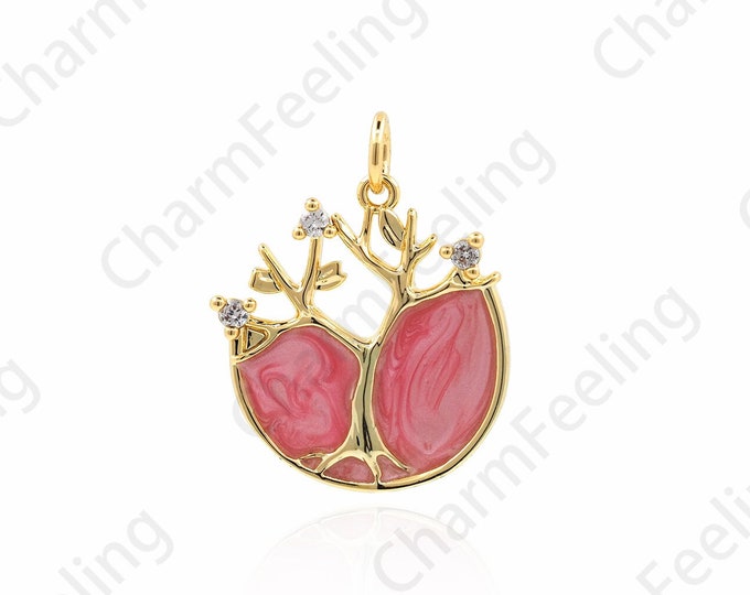 18K Gold Filled Tree Of Life Pendant, Enamel Tree Necklace, Micro-pave CZ Tree Pendant, Tree Charm, DIY Jewelry Accessories,23x18x1.8mm
