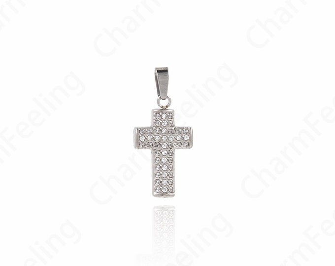 Stainless Steel Cross Pendant, Silver Filled Religious Charm,Micropavé CZ Cross Charm,Christian Charm,DIY Jewelry Supplies,22x10x2.3mm