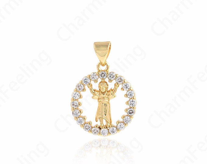 Micropavé CZ Engraved Necklace, Figure Pendant, 18K Gold Filled Figure Charm, Vintage Charm, DIY Jewelry Supplies, 16.2x22.2x2.6mm