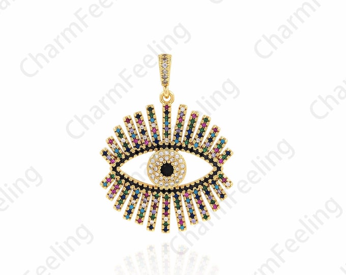 Micropavé CZ Eye Necklace, 18K Gold Filled Round Eye Pendant,Round Pendant,  Eye Charm,DIY Jewelry Accessories, 29x40x3.8mm