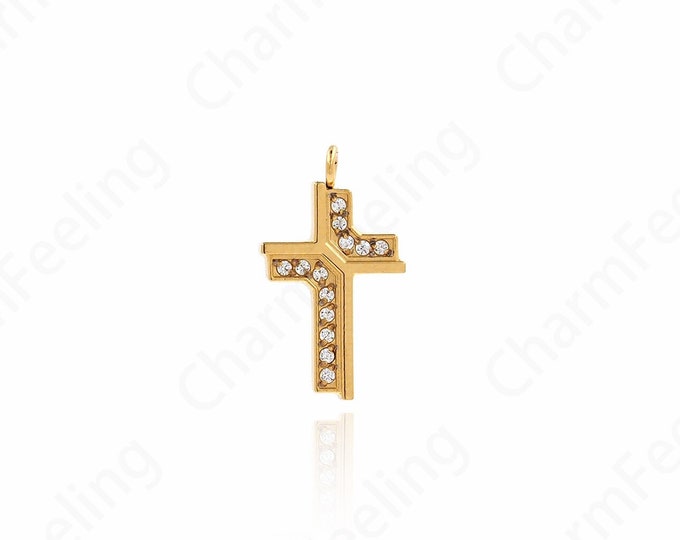 Cross Necklace, Micropavé CZ Cross Pendant, Christian Charm, Religious Charm,DIY Jewelry Making Accessories 17.5x10x2mm