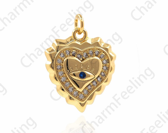 18K Gold Filled Heart Shaped Eye Pendant,Eye Charm,Heart Charm,Micropavé CZ Heart Shaped Third Eye Jewelry 19x14x2.7mm