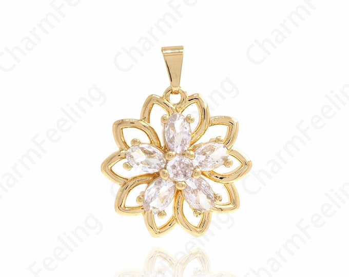 Flower Charm, 18K Gold Filled Plant Charm, Micro Pave CZ Flower Pendant, Beautiful Flower Necklace, DIY Jewelry Supplies, 29x23x5.5mm