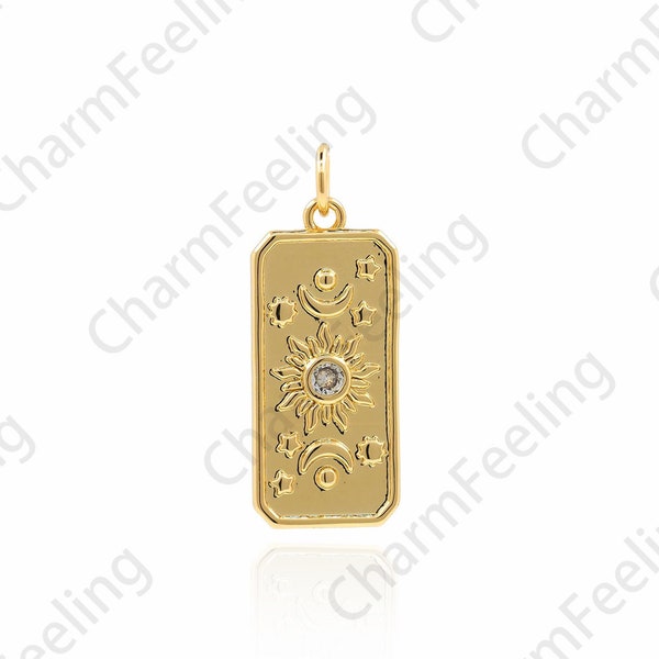 Micropavé CZ Rectangular Pendant, Universe Necklace, 18K Gold Filled Medal Pendant, Sun Pendant, DIY Jewelry Accessories 26x10x1.8mm