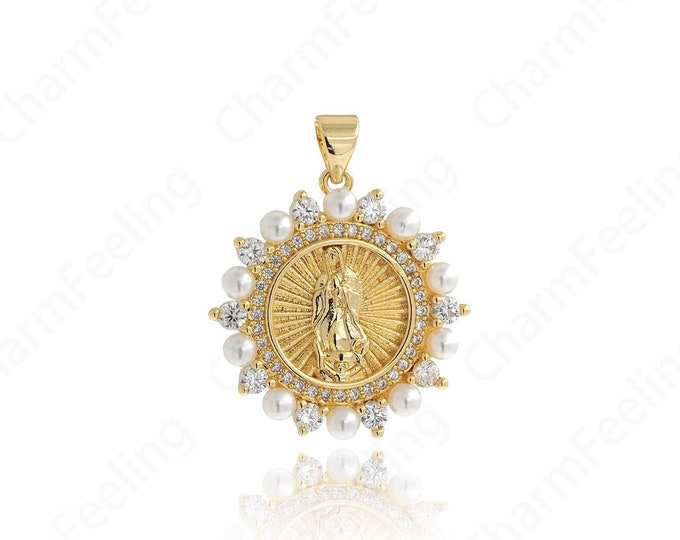 18K Gold Filled Religious Necklace,Round Pendant,Pearl Charm,Virgin Charm,Micropavé CZ Fashion PendantDIY Jewelry Supplies,28x23.5x4mm